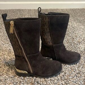 Michael Kors Dark Brown Suede Logo Mid-Calf Boots with Gold Accents